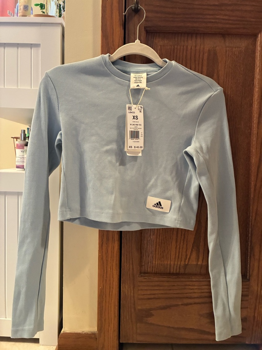 adidas Pale Blue Ribbed Cropped Long Sleeve Top